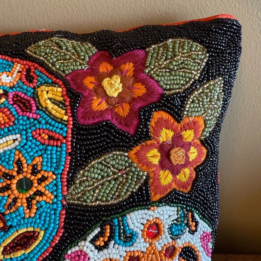 Pier One RARE Glass Beaded Day of the Dead/Halloween Pillow. Beautiful!